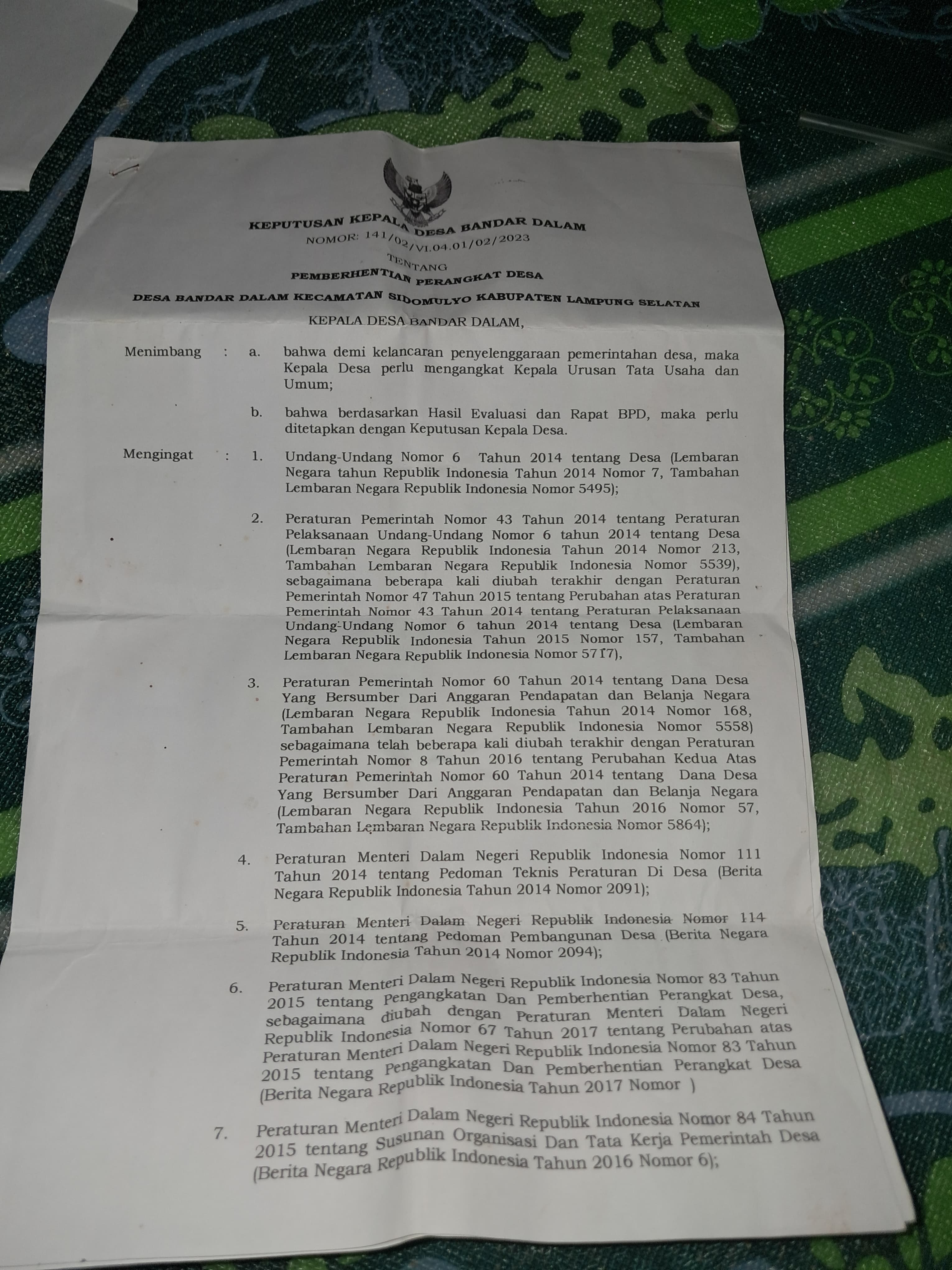 Diduga Kades Bandar Dalam Suyadi S.Pd Langgar Permendagri Terkait Pemberhentian Kadus